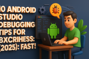 3D digital graphic showcasing Android Studio debugger tools and a developer workstation in a modern UI theme, labeled 2025 Debugging Tips.