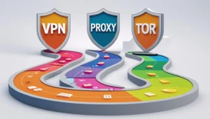 A 3D comparison image showing icons for VPN, proxy, and Tor with symbols for speed and security.