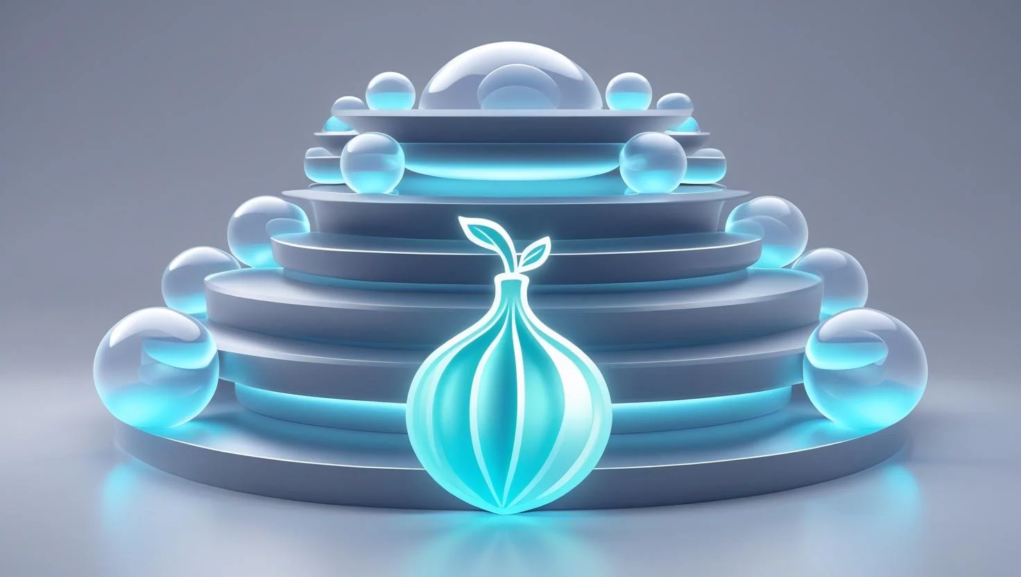 3D Illustration of Tor Network (Onion Routing) A 3D concept image of data passing through multiple layered nodes in the Tor network, symbolized by an onion with layers.