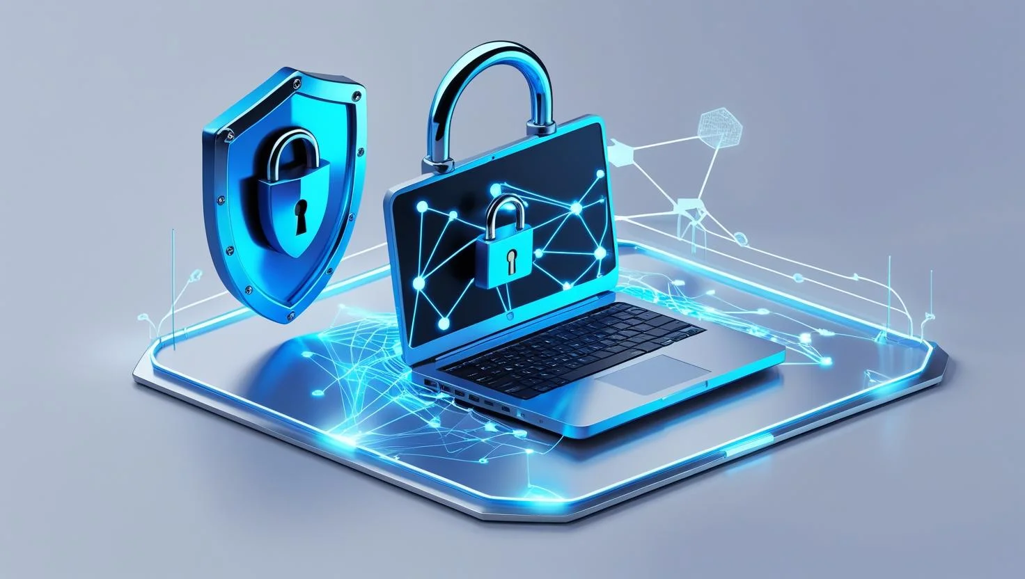 3D Illustration of VPN Security A 3D illustration of a laptop connected to the internet through a VPN, represented by a shield and padlock icon.