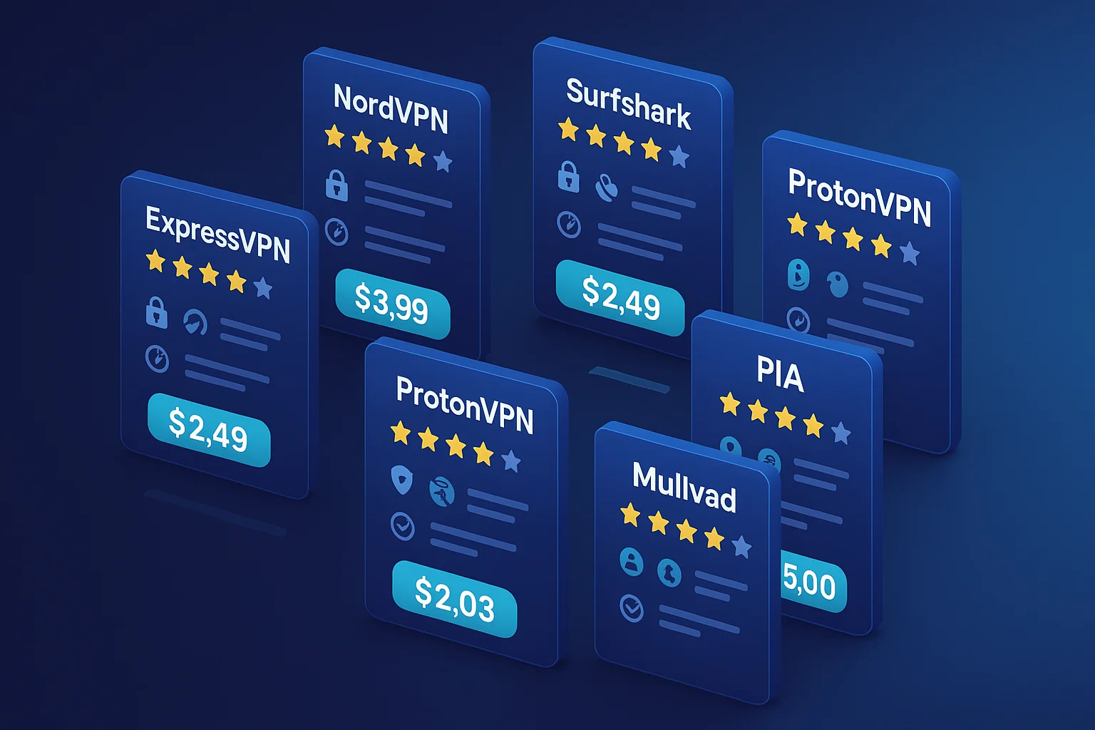 3D card-style comparison of top VPN services with prices and star ratings 3D card-style comparison of top VPN services with prices and star ratings