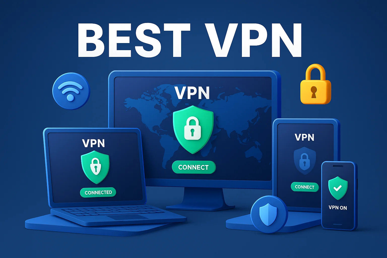 3D illustration of devices with VPN security shield