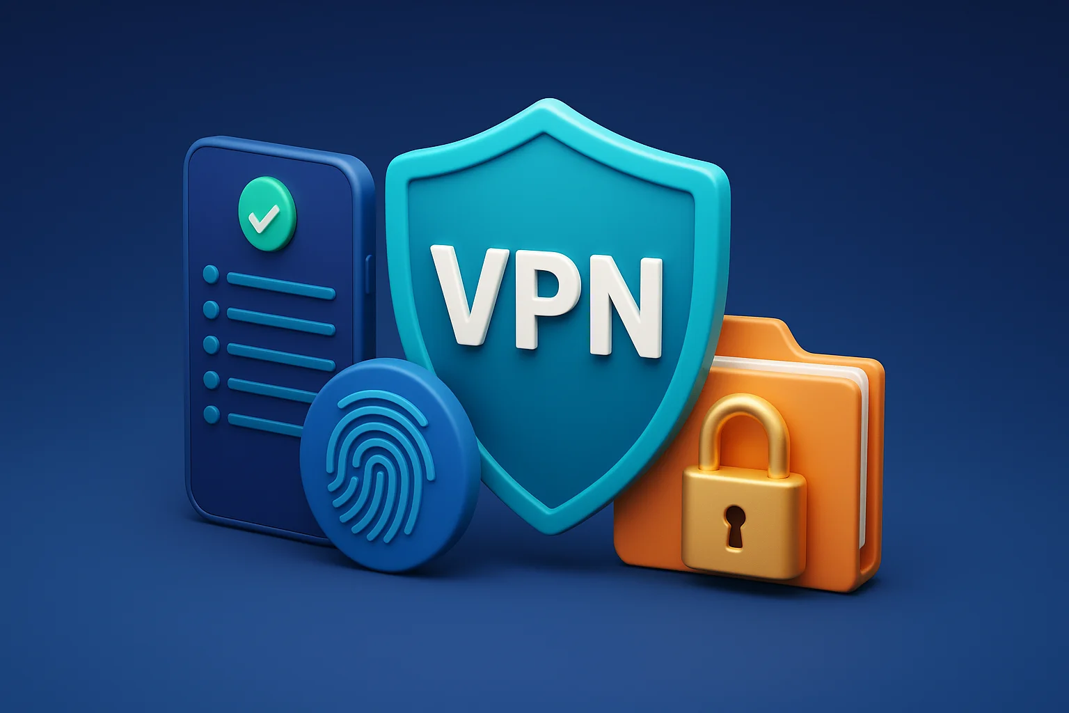 3D secure mobile VPN concept with shield, fingerprint, and folder 3D secure mobile VPN concept with shield, fingerprint, and folder