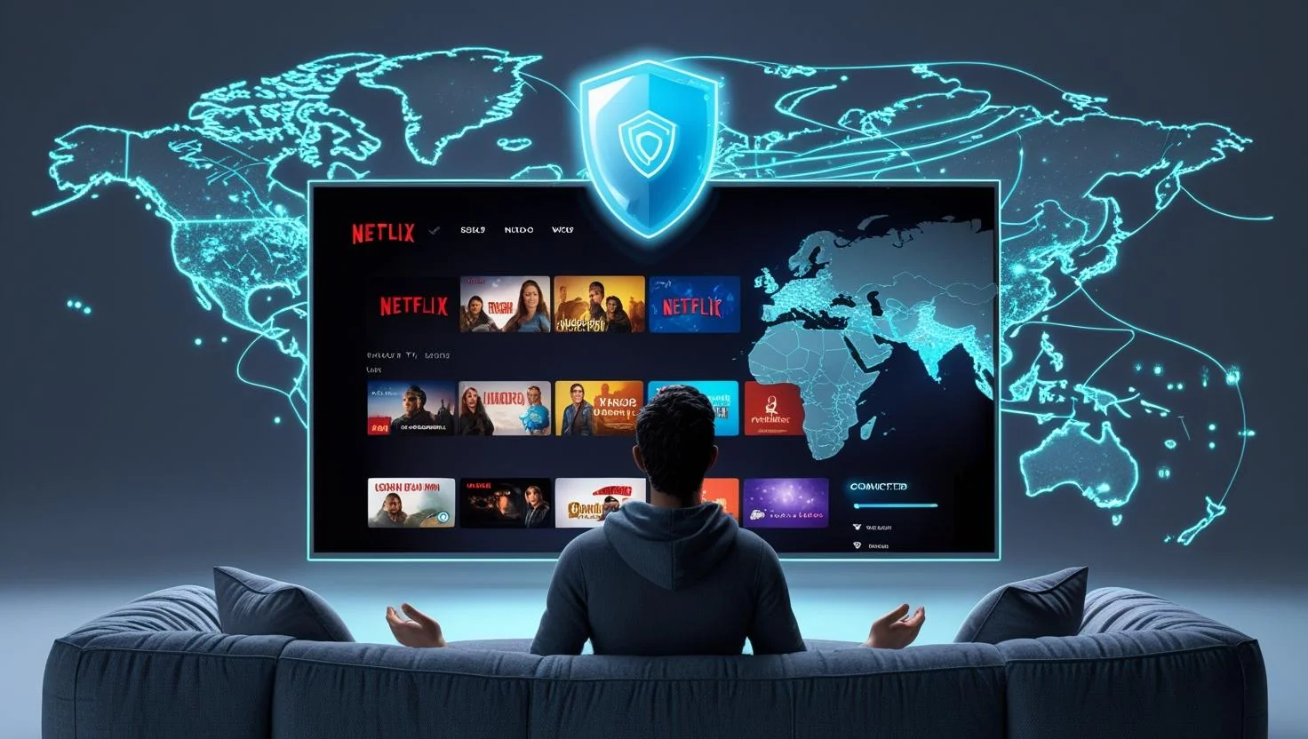 Stream Netflix with a VPN from Anywhere 3D illustration of Netflix on smart TV using VPN
