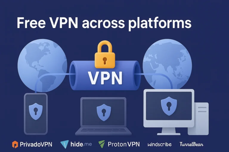 Best Free VPN Services in 2025 – Android, Windows, macOS, Linux & Browser 3D-styled illustration showing a secure VPN tunnel connecting multiple devices