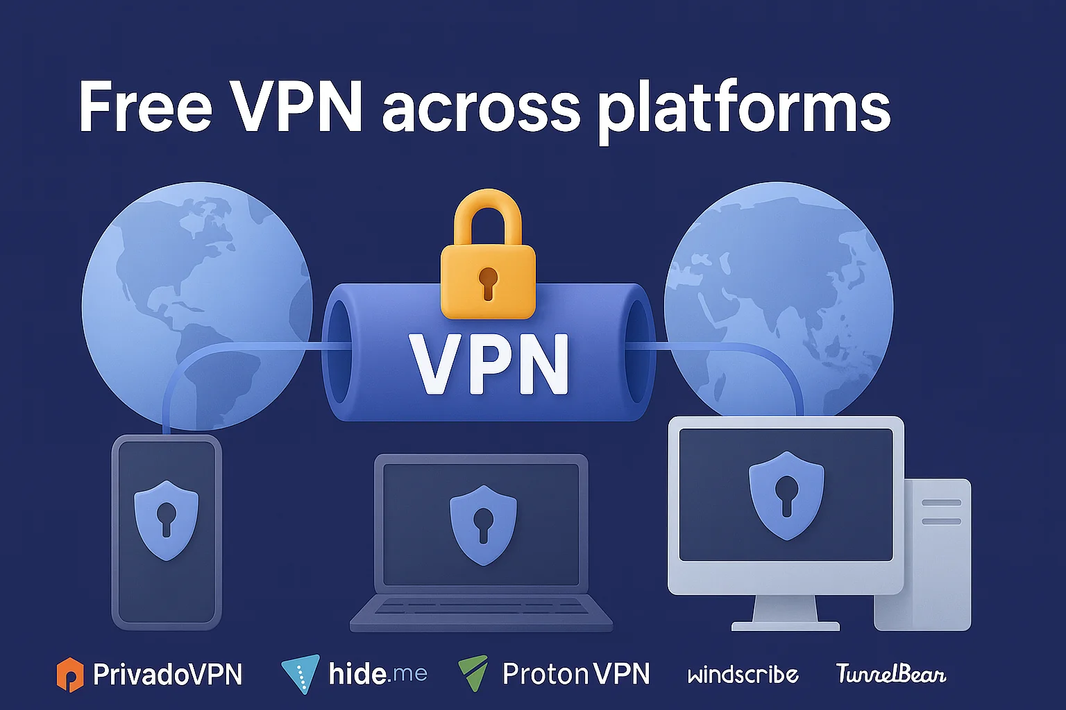 3D-styled illustration showing a secure VPN tunnel connecting multiple devices