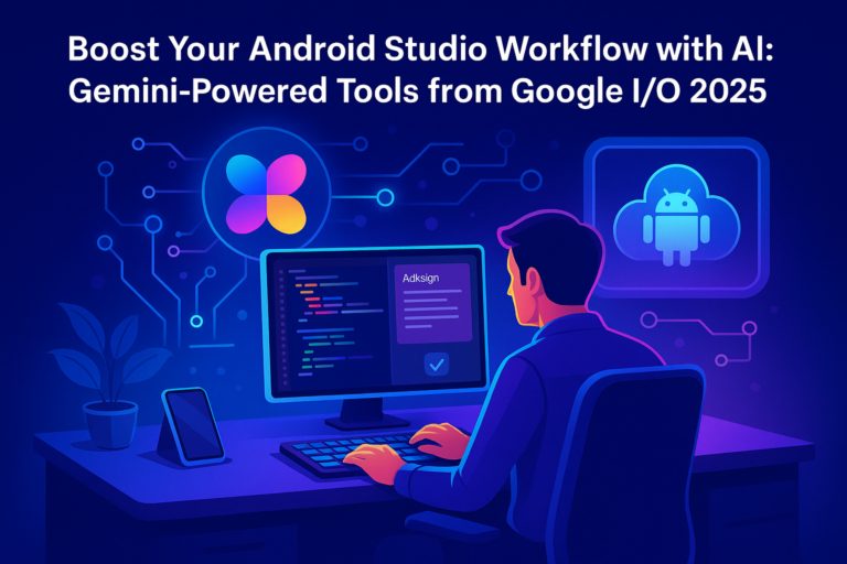 Gemini AI Android Studio 2025: Boost Your Workflow with Google I/O Innovations Cloud IDE setup showing Android Studio coding across laptop, smartphone, tablet, and browser