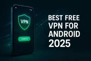 3D glowing shield icon with Android VPN app active on a smartphone screen.