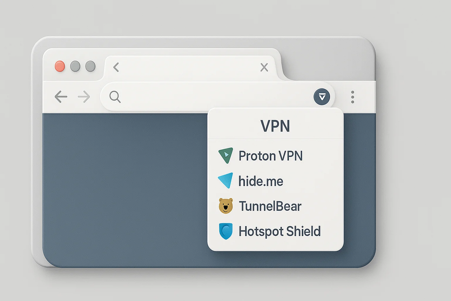 Browser toolbar with VPN icon and extension menu open Browser toolbar with VPN icon and extension menu open