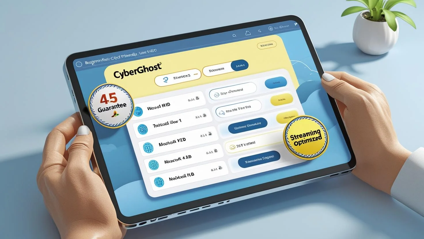 CyberGhost – Simplicity Meets Streaming CyberGhost VPN interface showing beginner-friendly streaming and torrent server options.