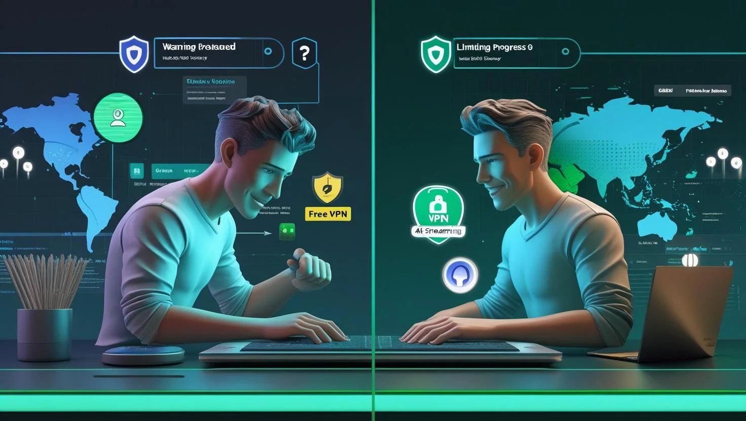 Split-screen showing Free vs Paid VPN differences – slow vs fast, insecure vs protected