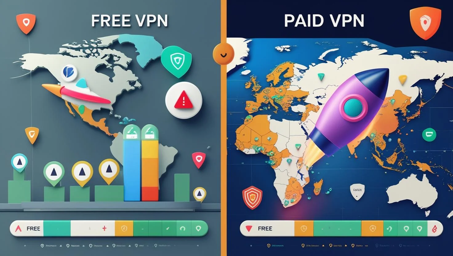 Free VPN vs a Paid VPN Illustration of a split-screen comparing a Free VPN vs a Paid VPN – the free side shows a slow connection and limited features, while the paid side shows fast speed, strong security, and global servers