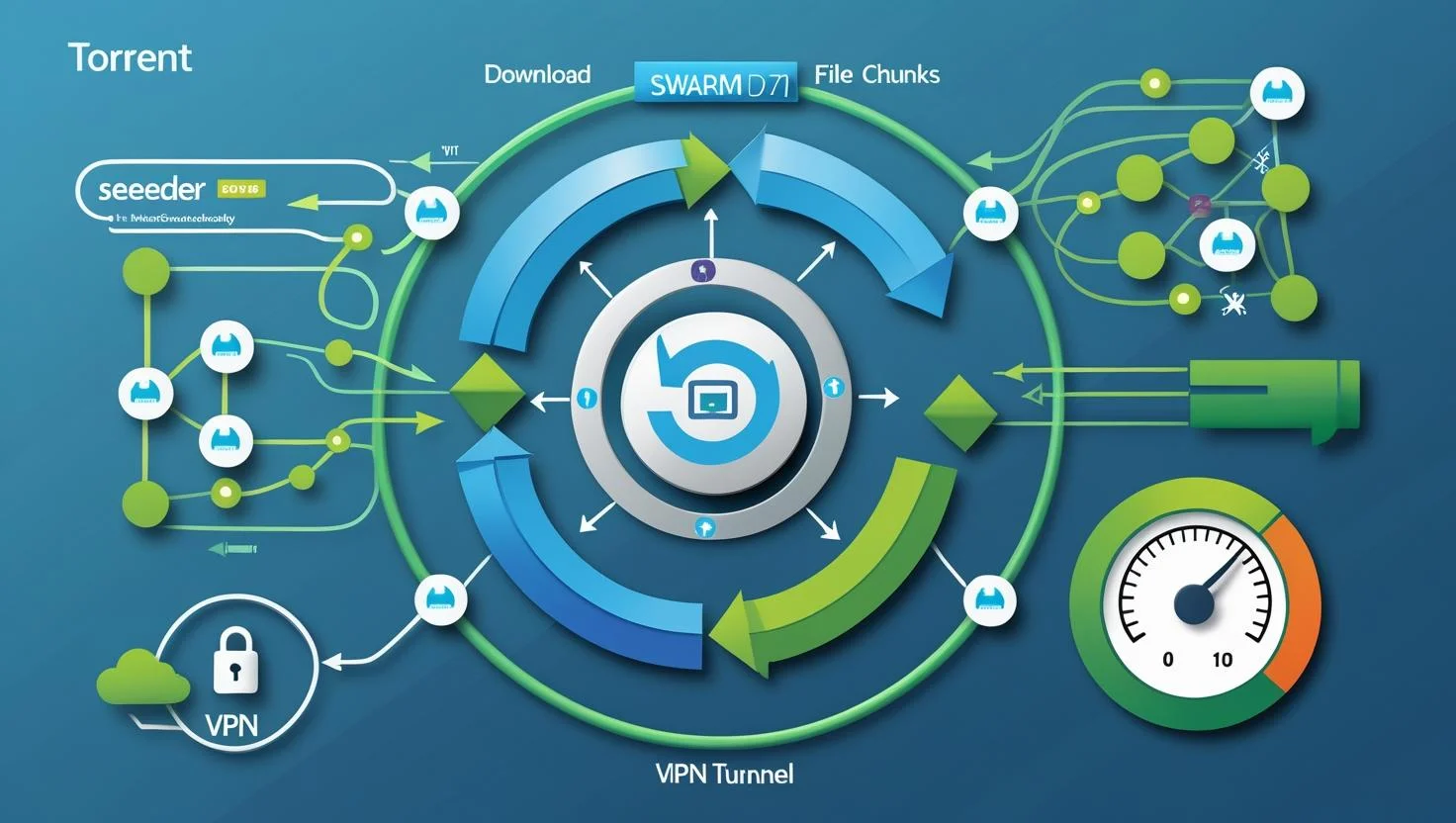 How Torrenting Works with a VPN Infographic explaining how torrenting distributes files in chunks.