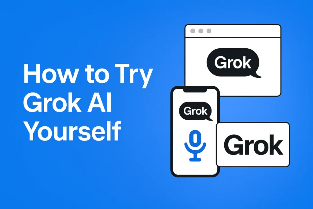 Why I pick Grok Ai? Elon Musk’s AI Chatbot vs ChatGPT + SEO Impact (2025) Minimalist flat illustration showing devices accessing Grok AI via web, X (Twitter), and mobile.