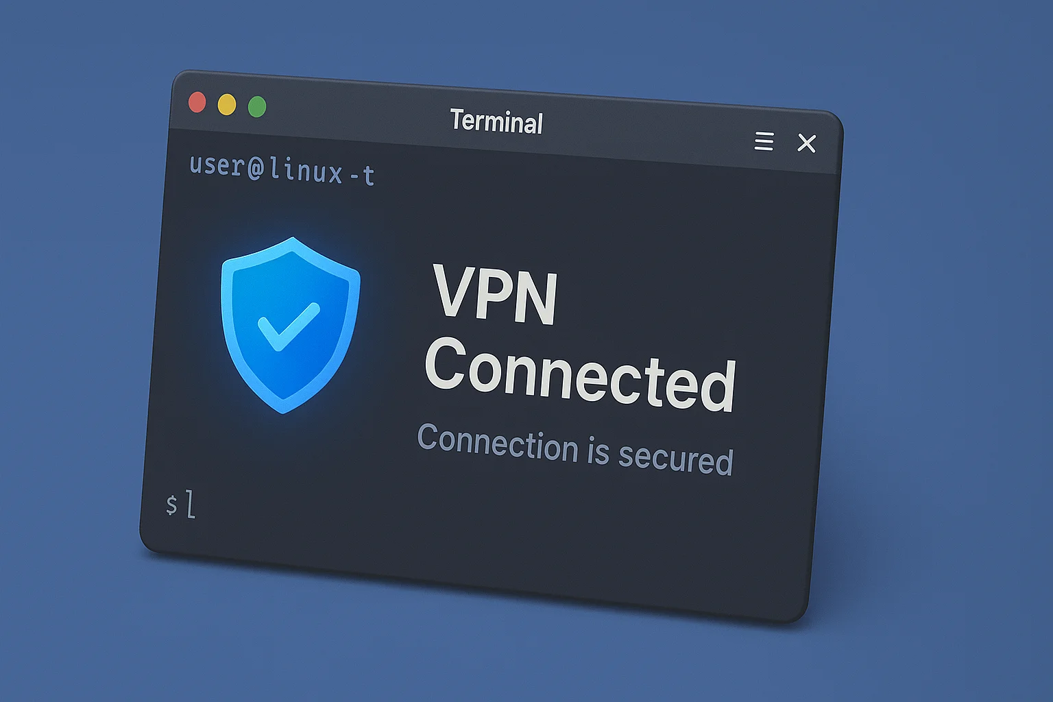Linux terminal window with VPN command-line interface and shield icon Linux terminal window with VPN command-line interface and shield icon