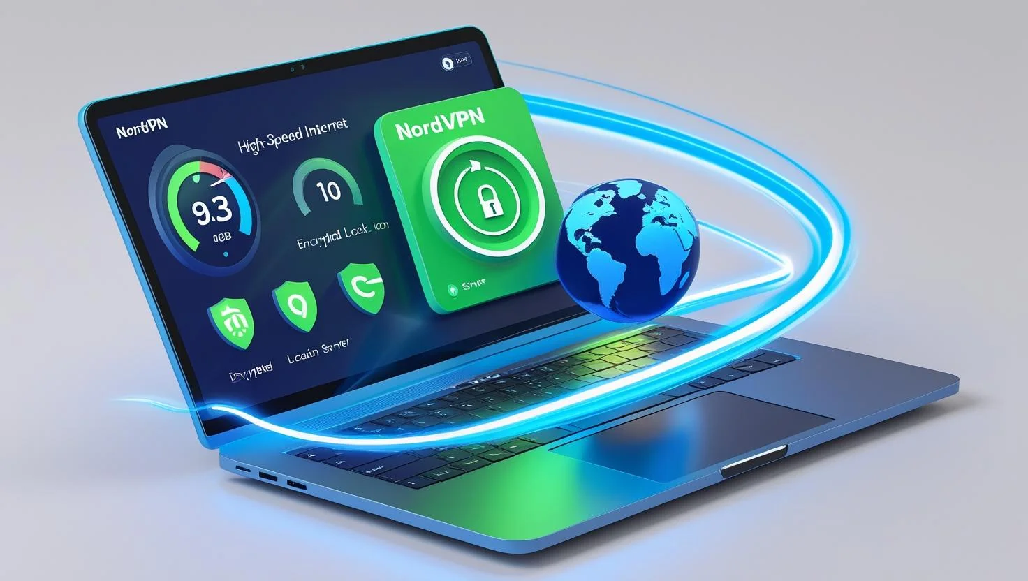 NordVPN – Fast, Secure, Reliable NordVPN interface showing fast speed, privacy shield, and global server map on a laptop.