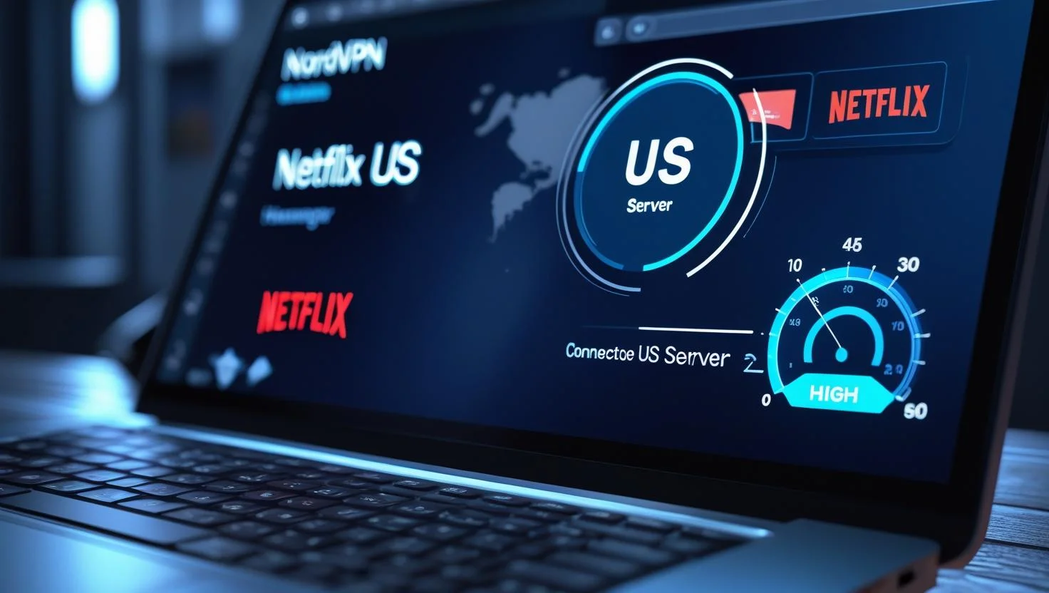 NordVPN Connected to Netflix USA NordVPN app streaming Netflix US on laptop