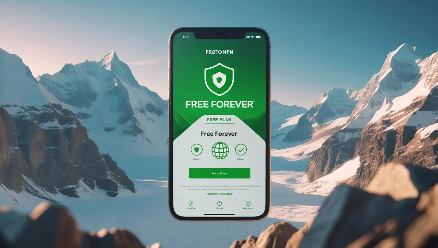 ProtonVPN Free Plan on iOS ProtonVPN’s free plan interface shown on iPhone with mountain-themed privacy background