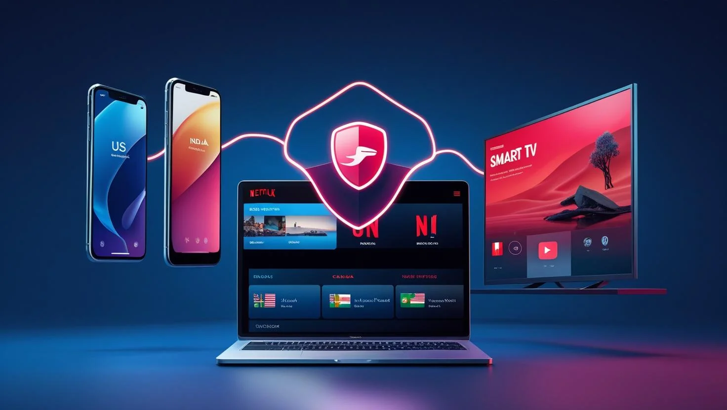 Surfshark VPN on Multiple Devices Surfshark connected on phone, TV, laptop streaming Netflix