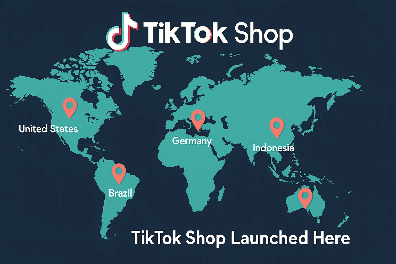 TikTok Shop Global Reach Map 2025 World map with TikTok Shop launch locations marked across continents