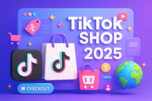 TikTok Shop global ecommerce trend 2025 visual with world shopping elements