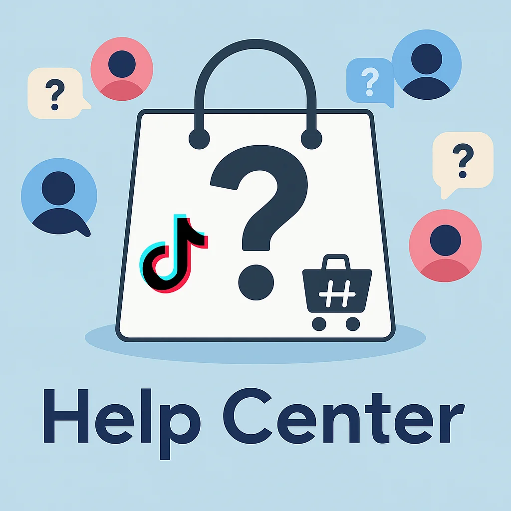 TikTok Shop Help Center FAQ Graphic Help Center image with shopping bag, TikTok logo, and question marks and explained tiktok seller tools