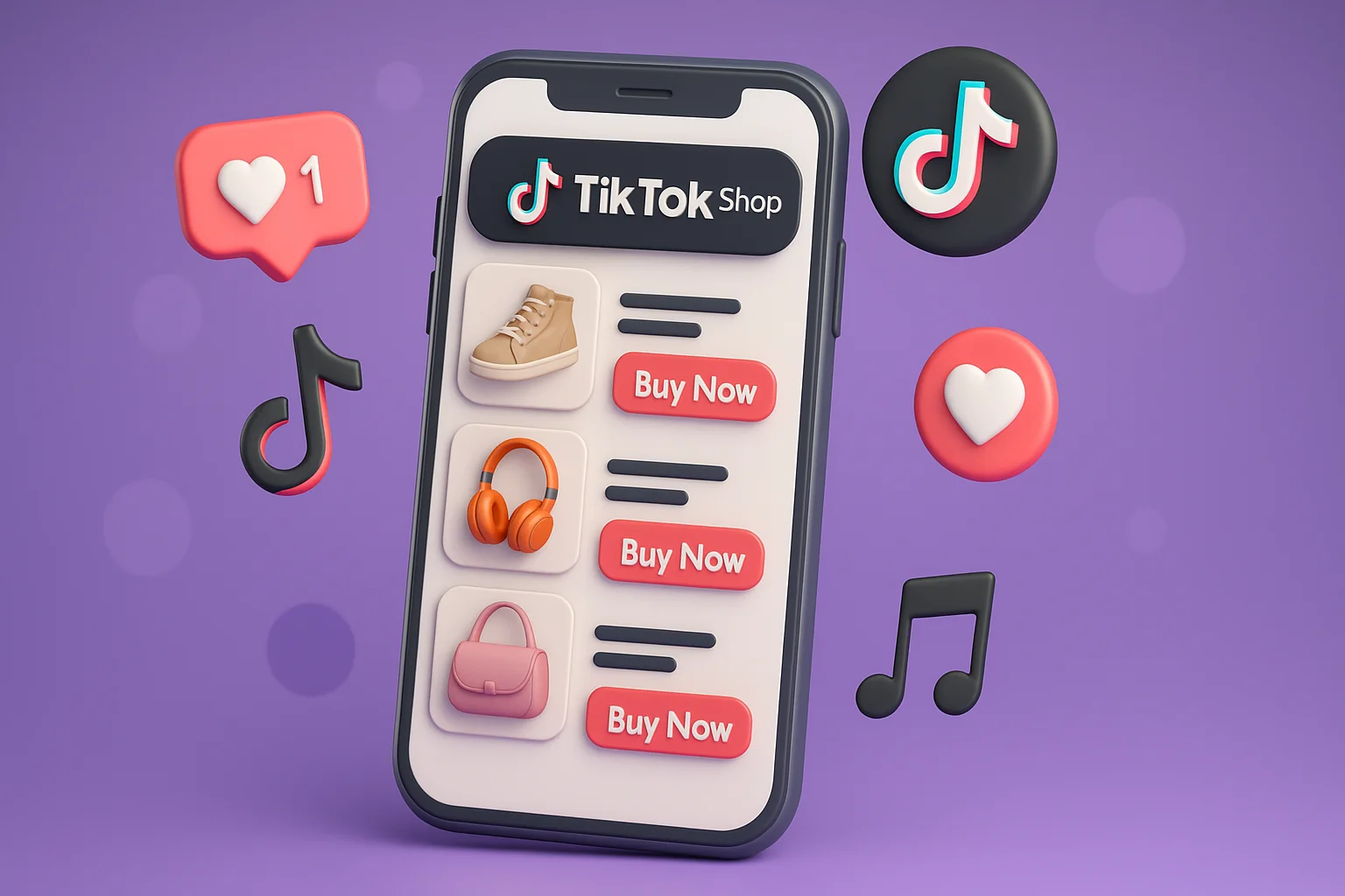 TikTok Shop Mobile Interface 3D Design Infographic showing TikTok Shop selling flow: setup to order shipped