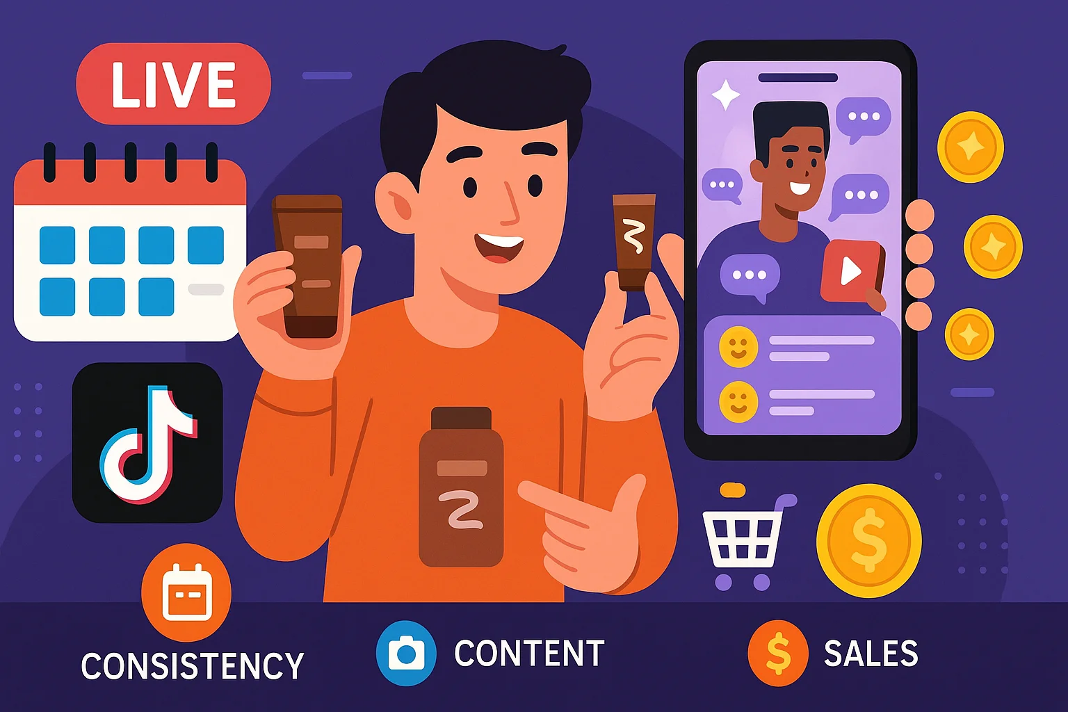 TikTok Shop Success Tips Visual – Creator Live Sale kTok creator livestreaming a product with marketing icons