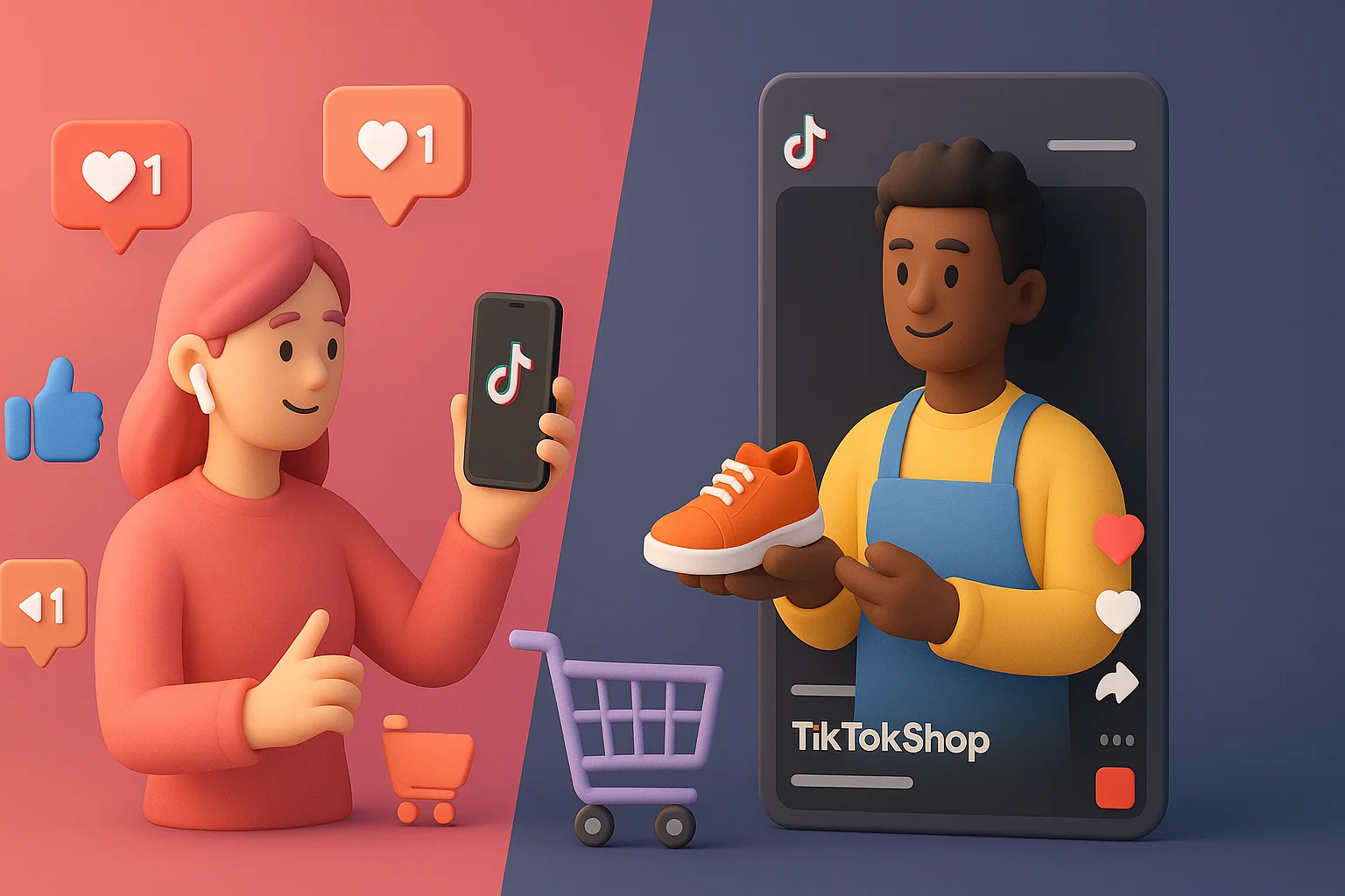 TikTok Shop for Creators and Brands – 3D Panel Split-screen of a creator and a business using TikTok Shop tools