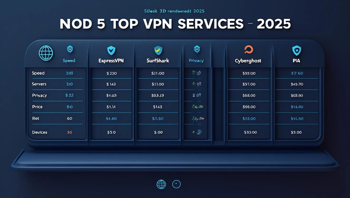 Top 5 VPNs Compared (2025)- top 5 VPN comparison chart 2025 showing speed, privacy, pricing, and features of NordVPN, ExpressVPN, Surfshark, CyberGhost, and PIA.
