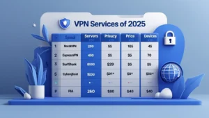 VPN comparison chart 2025 showing speed, privacy, pricing, and features of NordVPN, ExpressVPN, Surfshark, CyberGhost, and PIA.