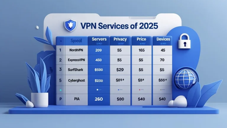 Top 5 VPN Services of 2025 for Speed, Privacy & Value VPN comparison chart 2025 showing speed, privacy, pricing, and features of NordVPN, ExpressVPN, Surfshark, CyberGhost, and PIA.
