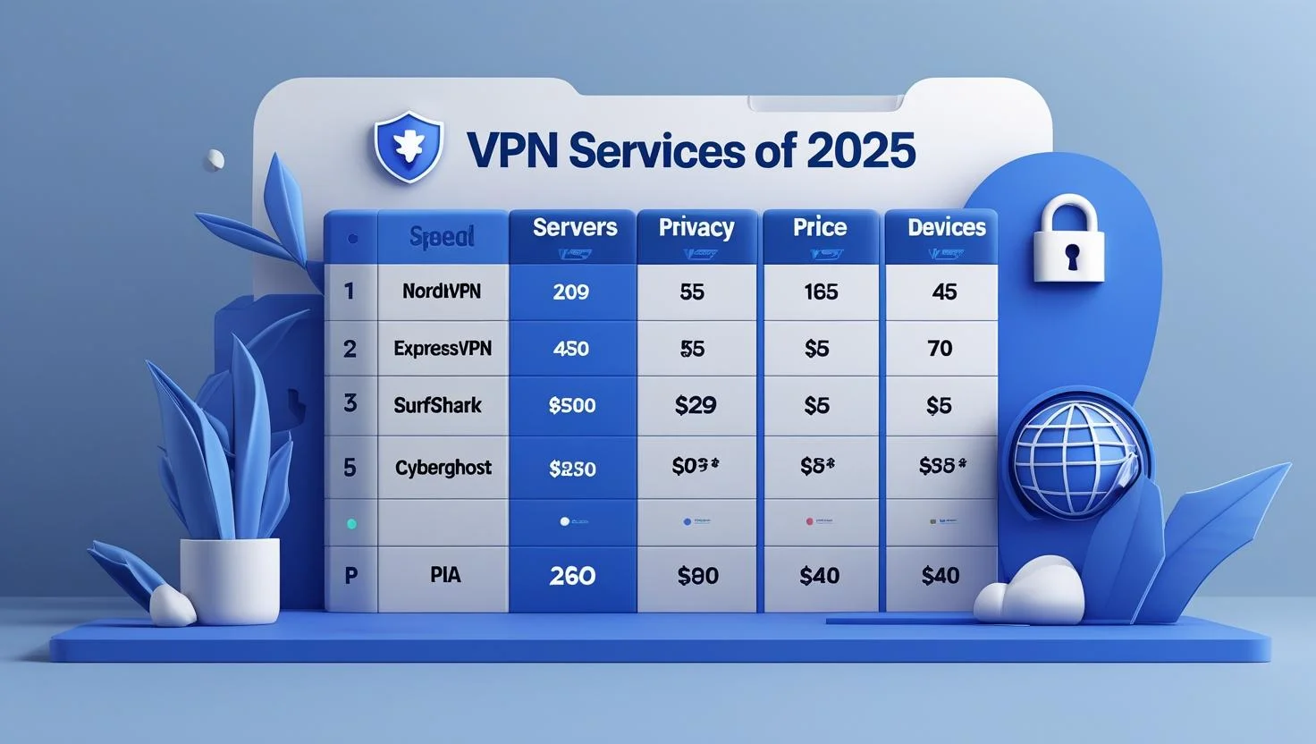 VPN comparison chart 2025 showing speed, privacy, pricing, and features of NordVPN, ExpressVPN, Surfshark, CyberGhost, and PIA.