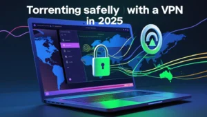 VPN encrypting torrent traffic on laptop screen with secure global connection.