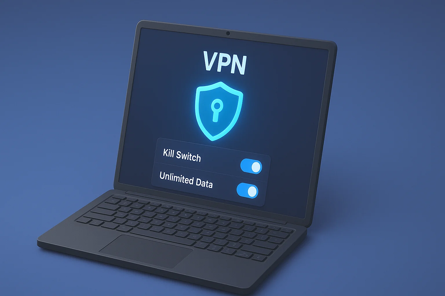 Windows laptop displaying VPN connection screen with shield icon Windows laptop displaying VPN connection screen with shield icon