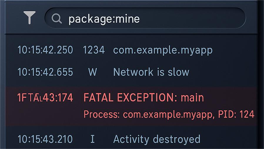 10 Android Studio Debugging Tips for Beginners (2025): Fix Crashes Fast! Illustration of Logcat window in Android Studio filtered by ‘package:mine’ with debug logs and a highlighted crash trace.