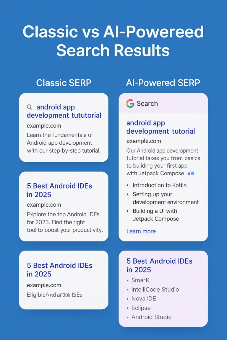 ic Google Search vs AI-Powered SGE Layout (2025) Side-by-side comparison of traditional Google SERP layout vs the new AI-powered SGE layout with highlighted changes.