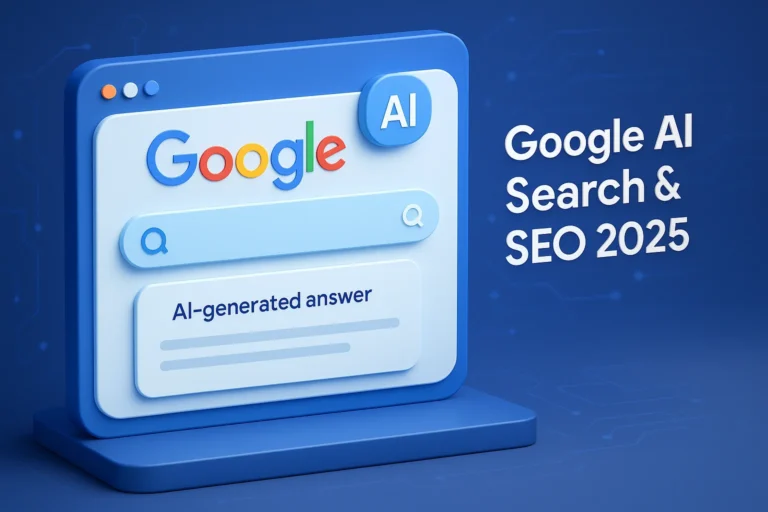 Futuristic 3D banner showcasing Google's AI-powered search with an AI snapshot overlaying traditional results.