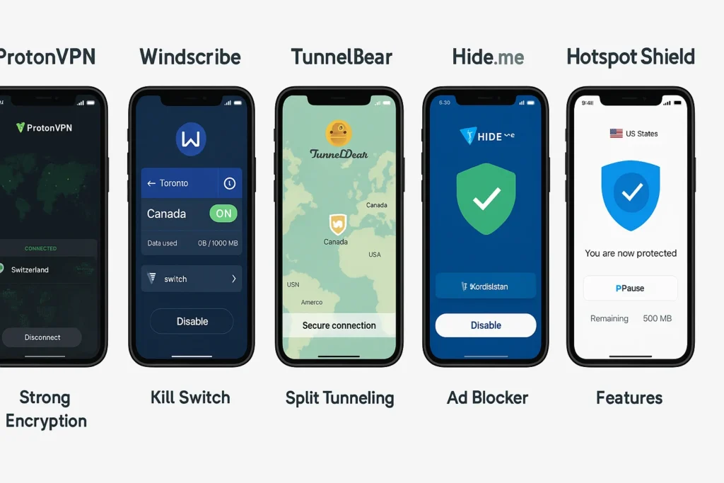 free-vpn-comparison-android Side-by-side comparison of popular free VPN apps on Android