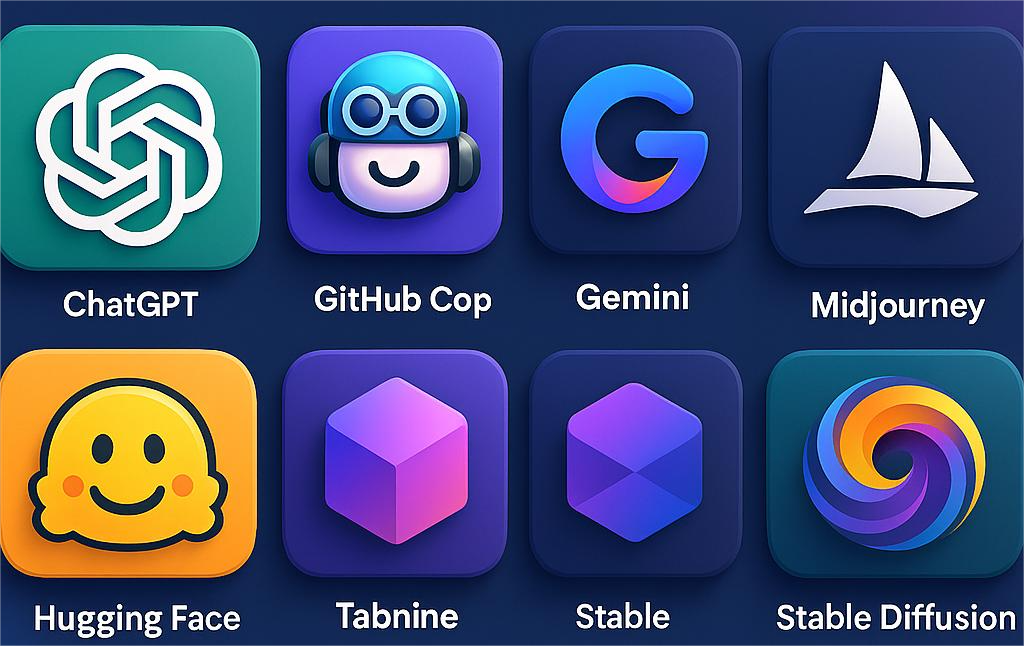 Top 7 Generative AI Tools Android Developers Should Try in 2025 Grid of 3D-styled logos for GitHub Copilot, ChatGPT, Gemini, CodeWhisperer, Tabnine, Windsurf, and Replit Ghostwriter over a dark futuristic background with glowing blue highlights