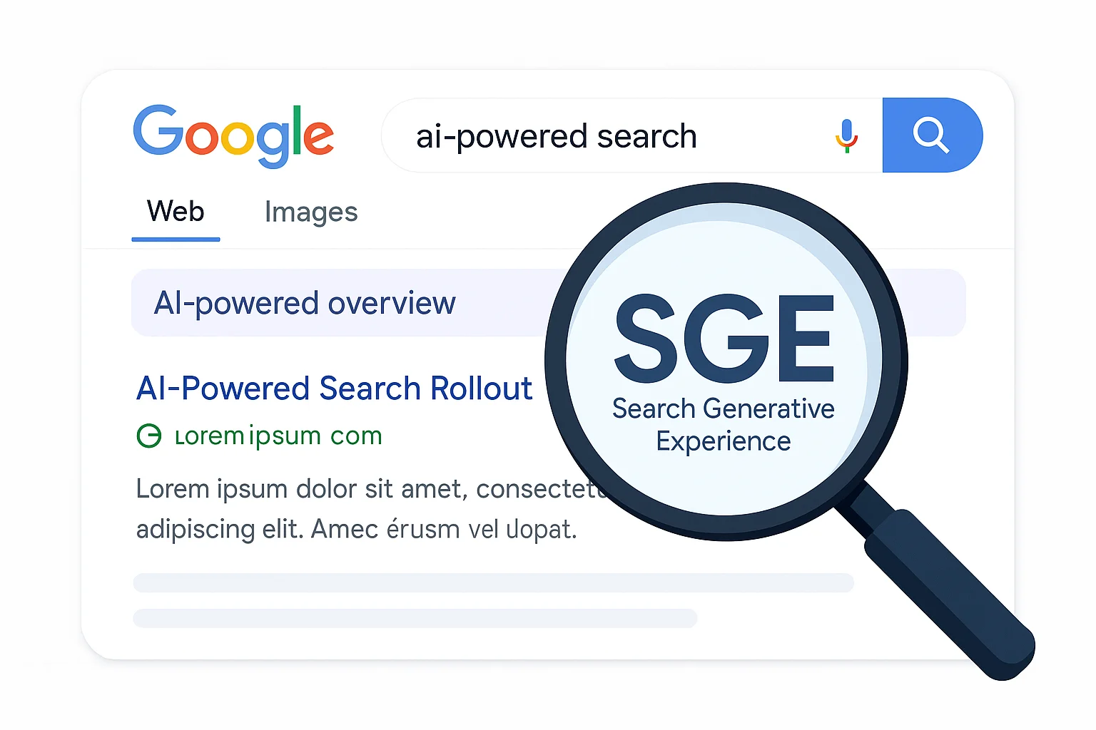 Google AI Search 2025 – Featured Banner for SEO Tutorial Post Futuristic 3D banner showcasing Google's AI-powered search with an AI snapshot overlaying traditional results.