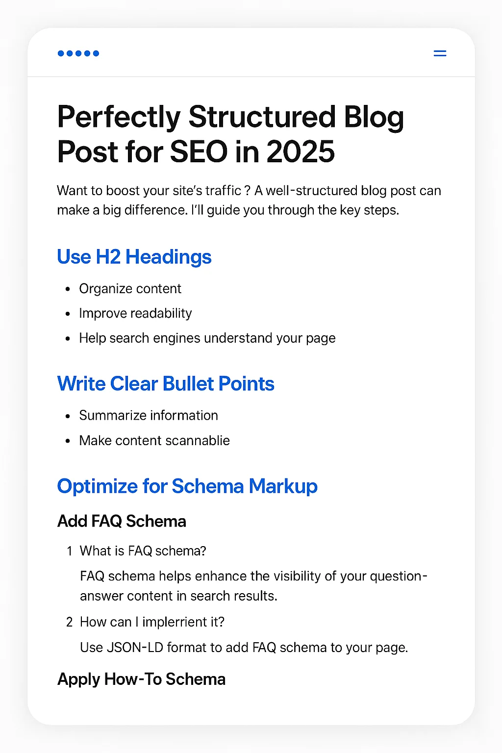 How Structured Content Appears in Google AI Search (2025) Example of structured content using headings, bullet points, and schema for optimized visibility in AI search.
