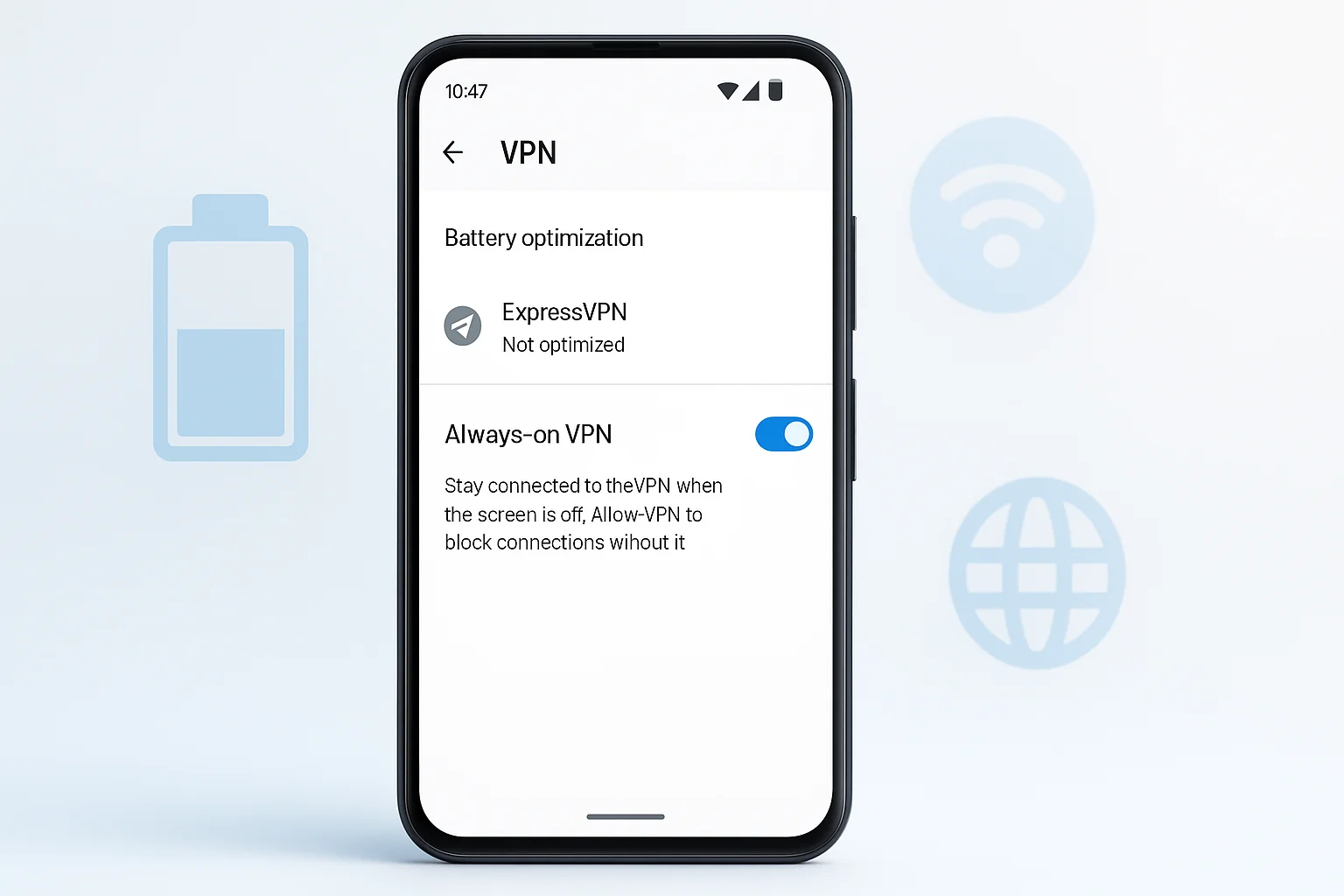 vpn-battery-optimization-android Android VPN settings with battery optimization and always-on VPN enabled