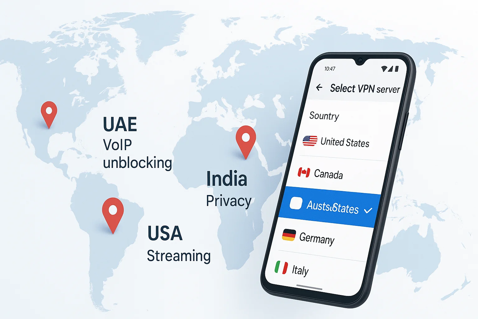 vpn-use-cases-by-country Global map showing VPN use in UAE, India, and USA for Android