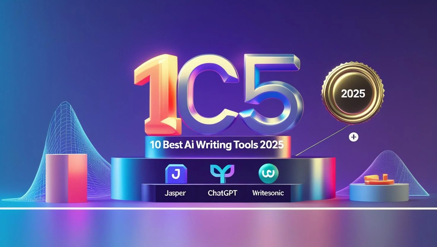 10 Best AI Writing Tools 2025 emerging dramatically from a futuristic 3D screen.
