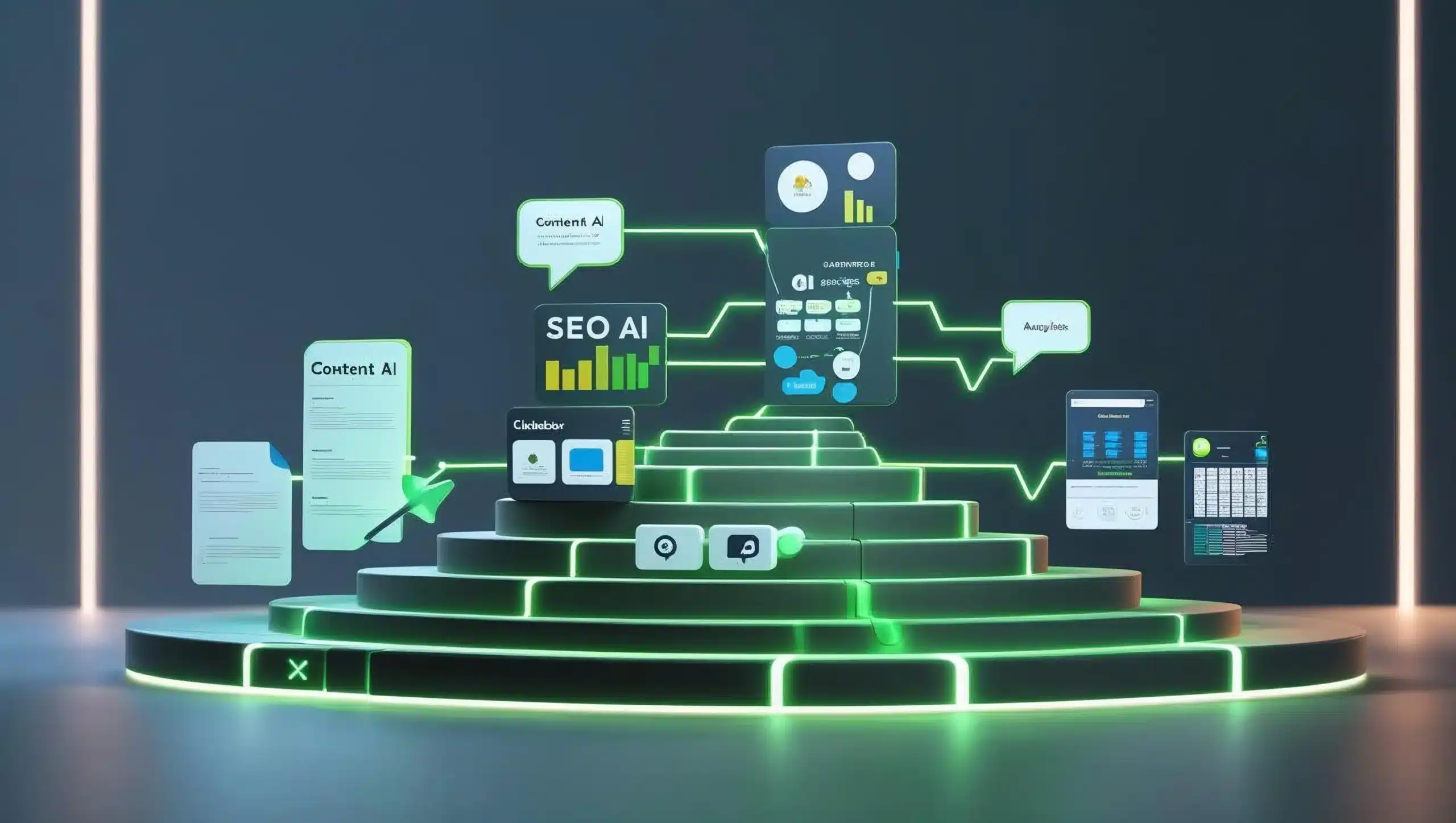 AI Marketing Stack (3D Isometric) 3D isometric AI marketing stack: content, SEO, social, ads, chat, automation”