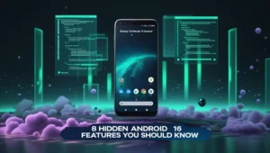 3D dark-mode Android 16 home screen with code overlays”