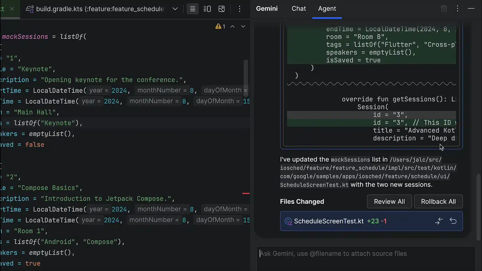 Android Studio Narwhal Gemini agent mode Android Studio Narwhal showing Gemini Agent Mode with a multi-file refactor plan and reviewable code diffs.