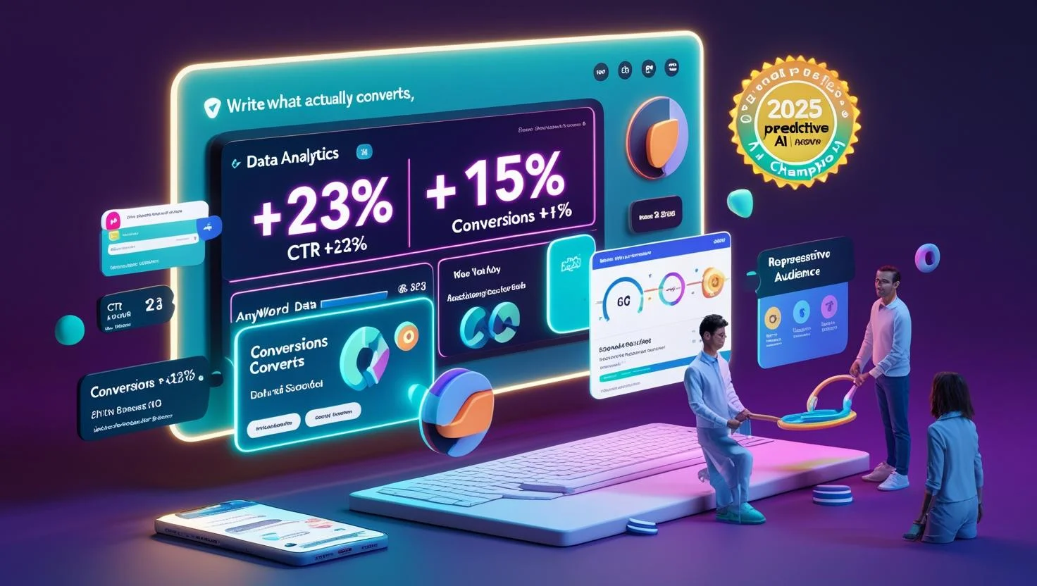 3D marketing analytics dashboard showing Anyword AI generating high-converting ad copy with performance predictions and audience targeting visualizations.