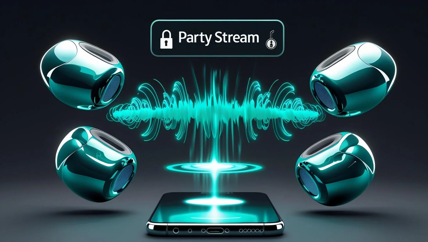 Bluetooth Audio Sharing via Auracast 3D Android 16 phone broadcasting audio to several devices